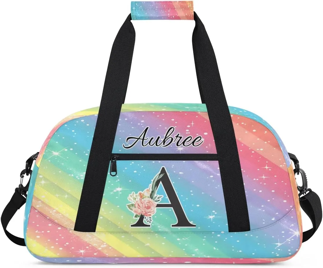 Personalized Initial Duffel Bags, Cusotm Sports Gym Bag Monogrammed Custom Travel Overnight Weekender Bag for Women Men with Name, Rainbow Glitter Custom Gifts