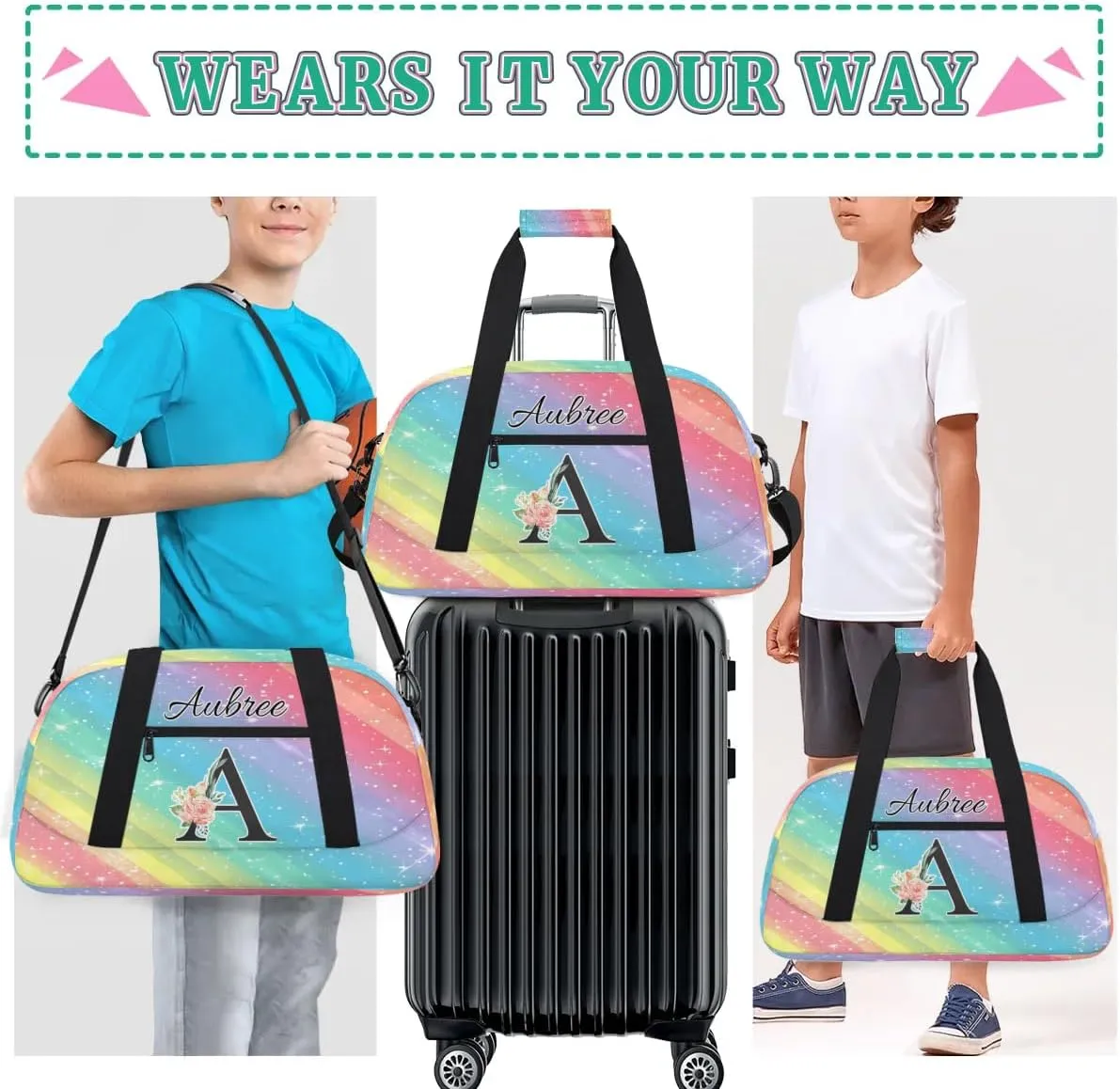 Personalized Initial Duffel Bags, Cusotm Sports Gym Bag Monogrammed Custom Travel Overnight Weekender Bag for Women Men with Name, Rainbow Glitter Custom Gifts