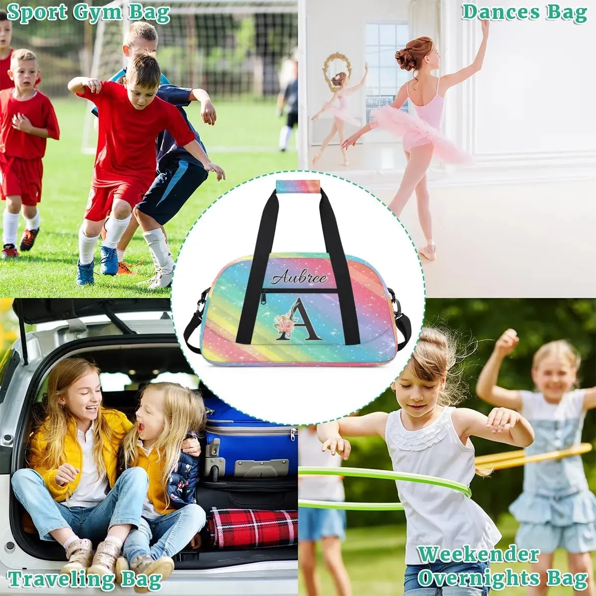 Personalized Initial Duffel Bags, Cusotm Sports Gym Bag Monogrammed Custom Travel Overnight Weekender Bag for Women Men with Name, Rainbow Glitter Custom Gifts