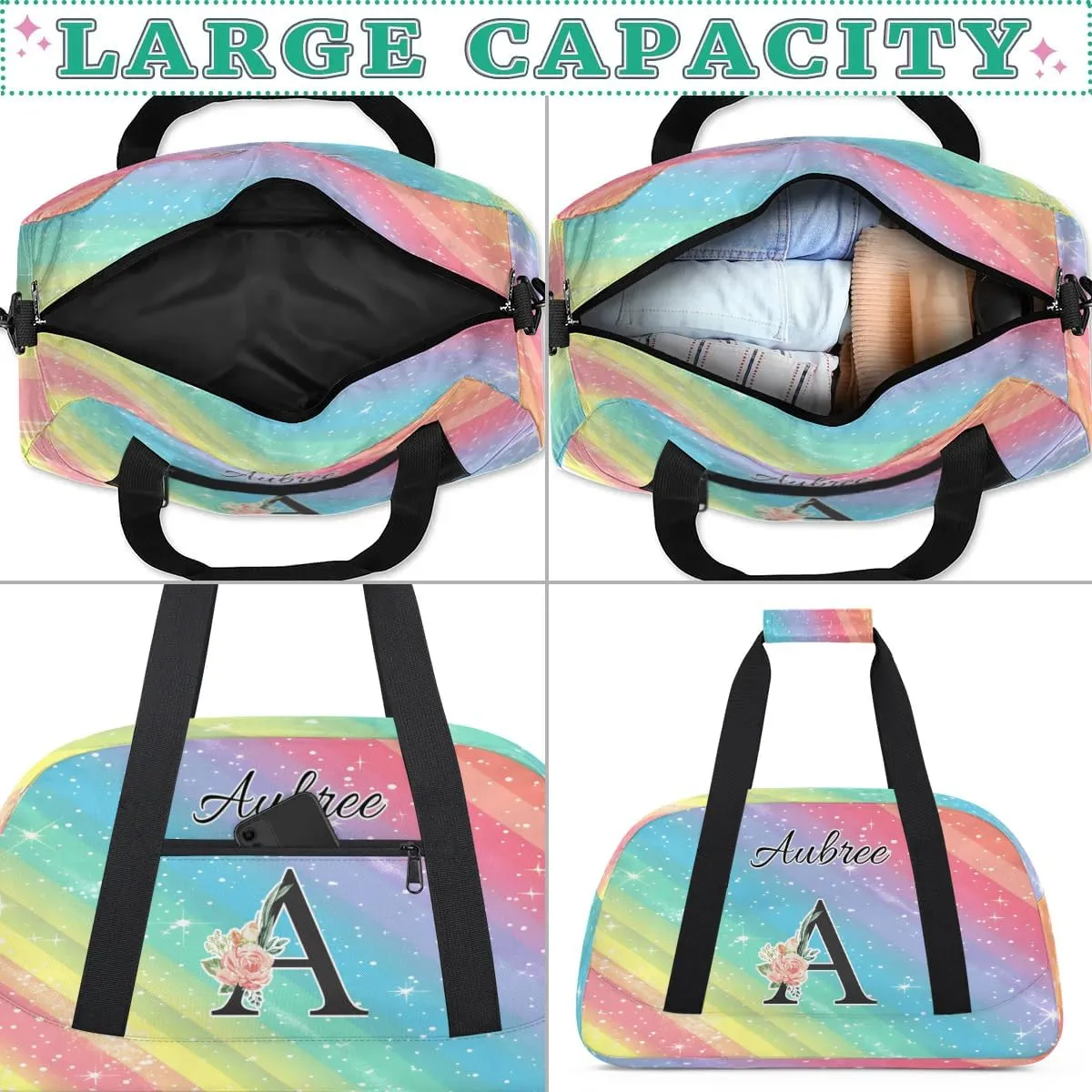 Personalized Initial Duffel Bags, Cusotm Sports Gym Bag Monogrammed Custom Travel Overnight Weekender Bag for Women Men with Name, Rainbow Glitter Custom Gifts
