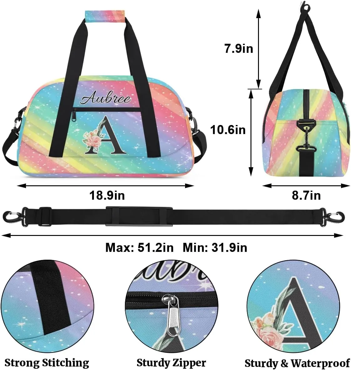 Personalized Initial Duffel Bags, Cusotm Sports Gym Bag Monogrammed Custom Travel Overnight Weekender Bag for Women Men with Name, Rainbow Glitter Custom Gifts