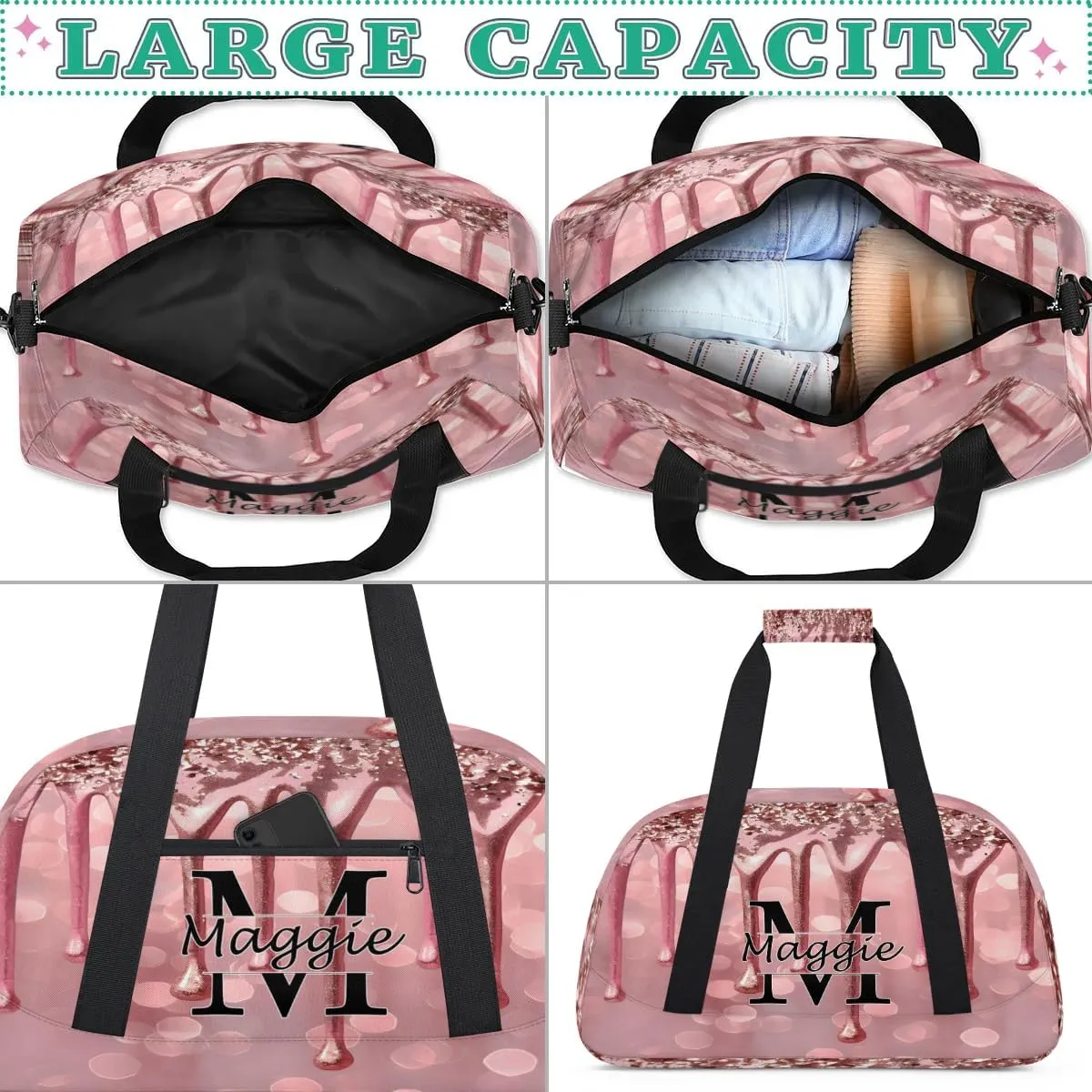 Personalized Initial Name Duffel Bags, Cusotmized Monogrammed Sports Gym Bag Custom Travel Overnight Weekender Bag for Women Men with Name, Custom Gifts, Fluids Glitter