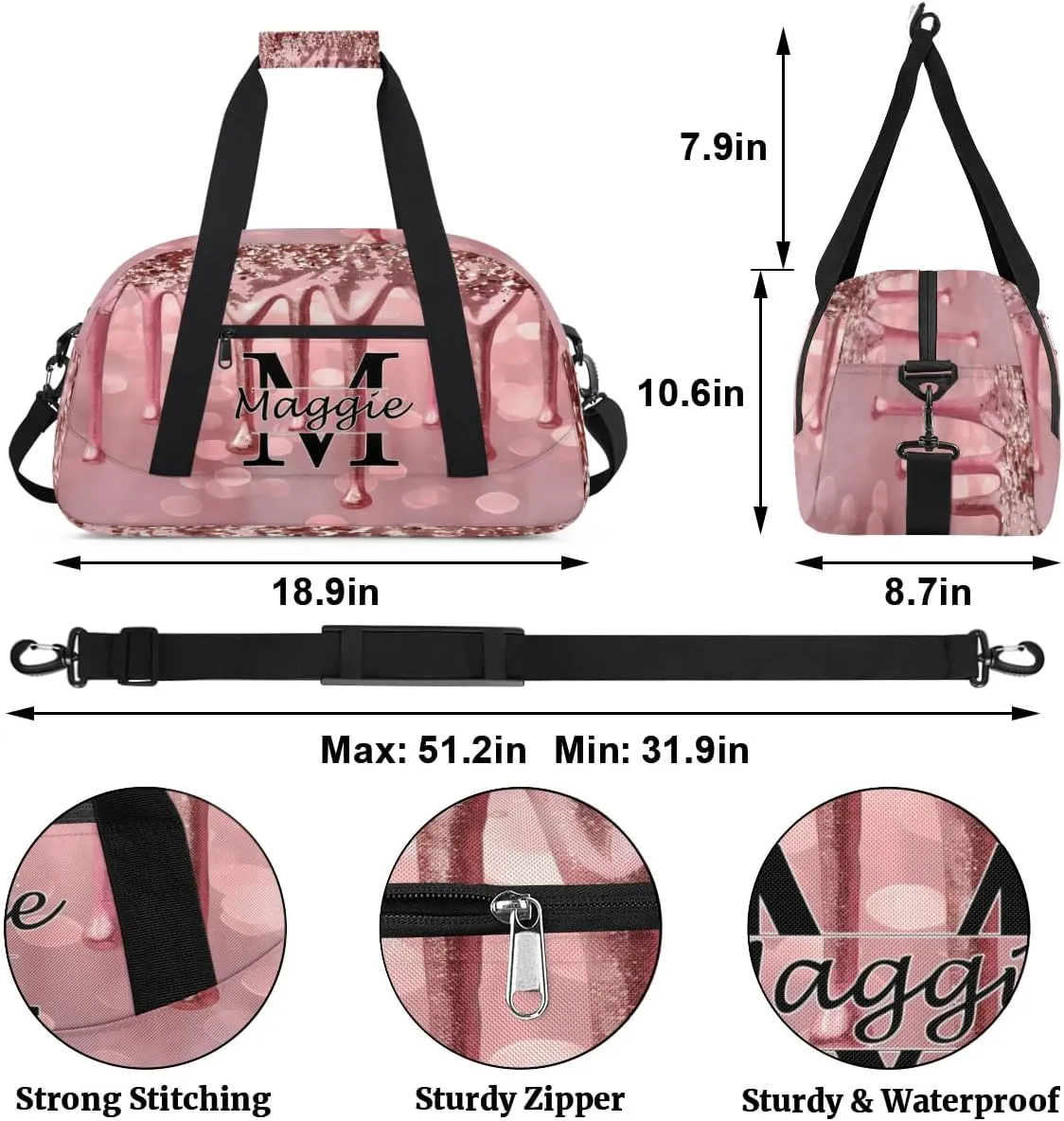 Personalized Initial Name Duffel Bags, Cusotmized Monogrammed Sports Gym Bag Custom Travel Overnight Weekender Bag for Women Men with Name, Custom Gifts, Fluids Glitter