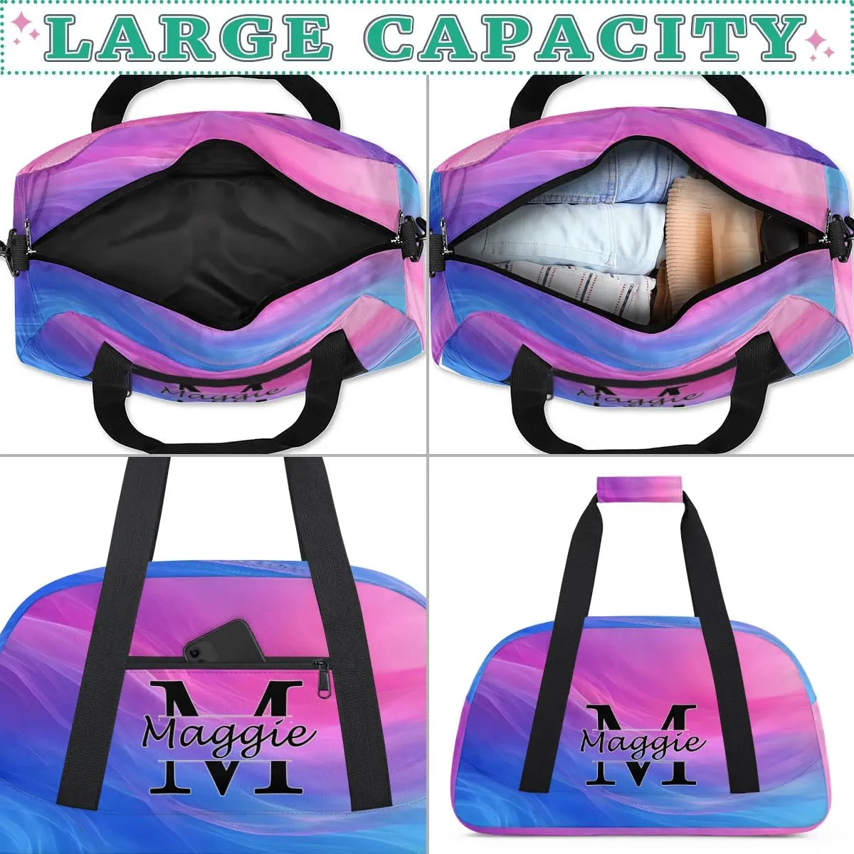 Personalized Initial Name Duffel Bags, Cusotmized Monogrammed Sports Gym Bag Custom Travel Overnight Weekender Bag for Women Men with Name, Custom Gifts, Multi-colored