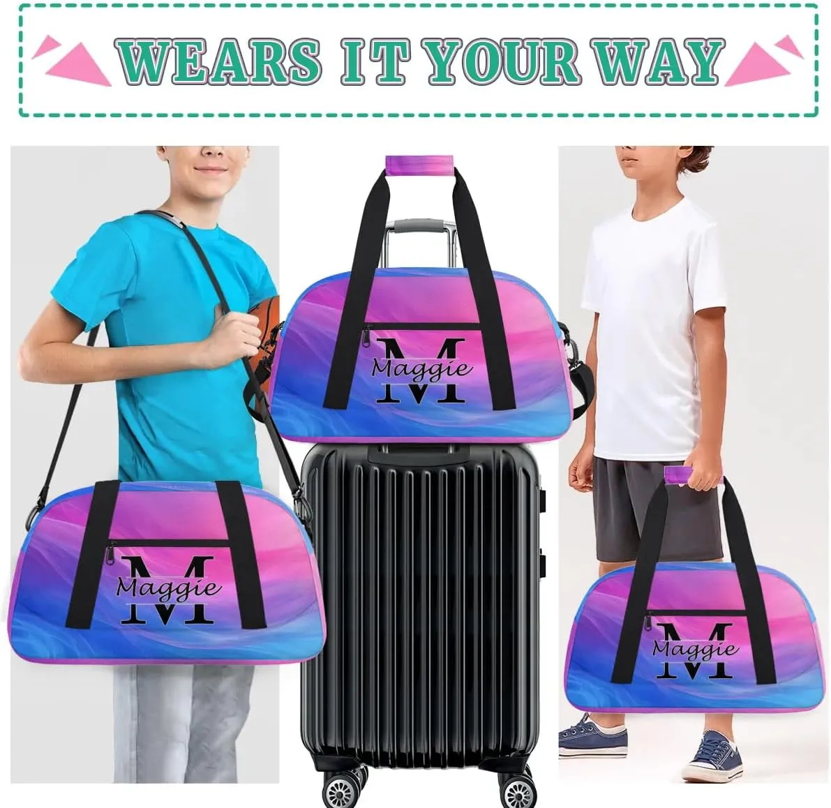 Personalized Initial Name Duffel Bags, Cusotmized Monogrammed Sports Gym Bag Custom Travel Overnight Weekender Bag for Women Men with Name, Custom Gifts, Multi-colored