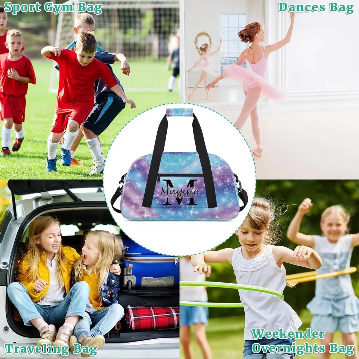 Personalized Initial Name Duffel Bags, Cusotmized Monogrammed Sports Gym Bag Custom Travel Overnight Weekender Bag for Women with Name, Custom Gifts, Rainbow Glitter