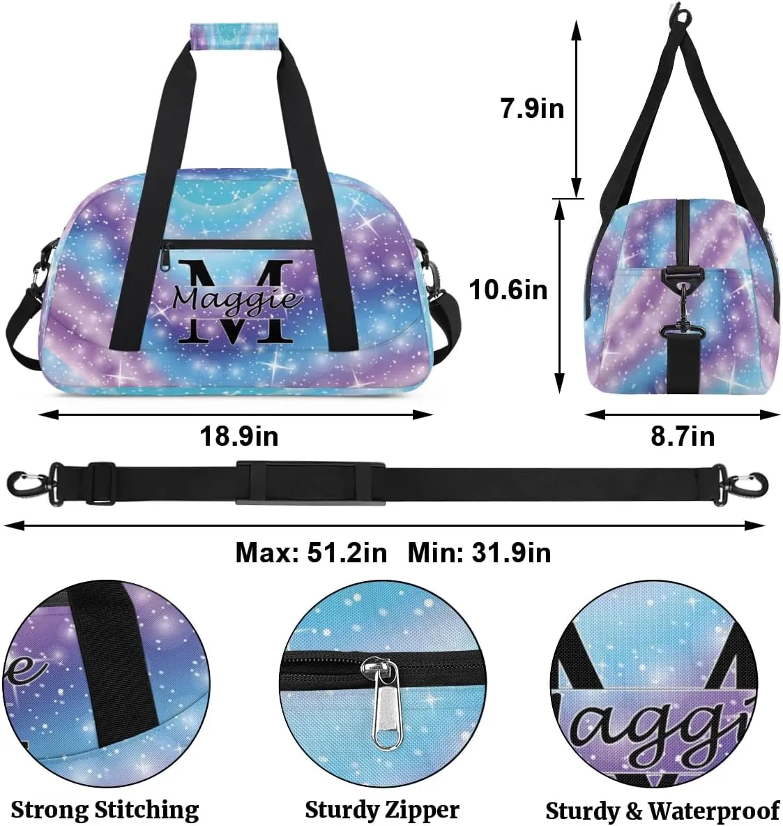 Personalized Initial Name Duffel Bags, Cusotmized Monogrammed Sports Gym Bag Custom Travel Overnight Weekender Bag for Women with Name, Custom Gifts, Rainbow Glitter