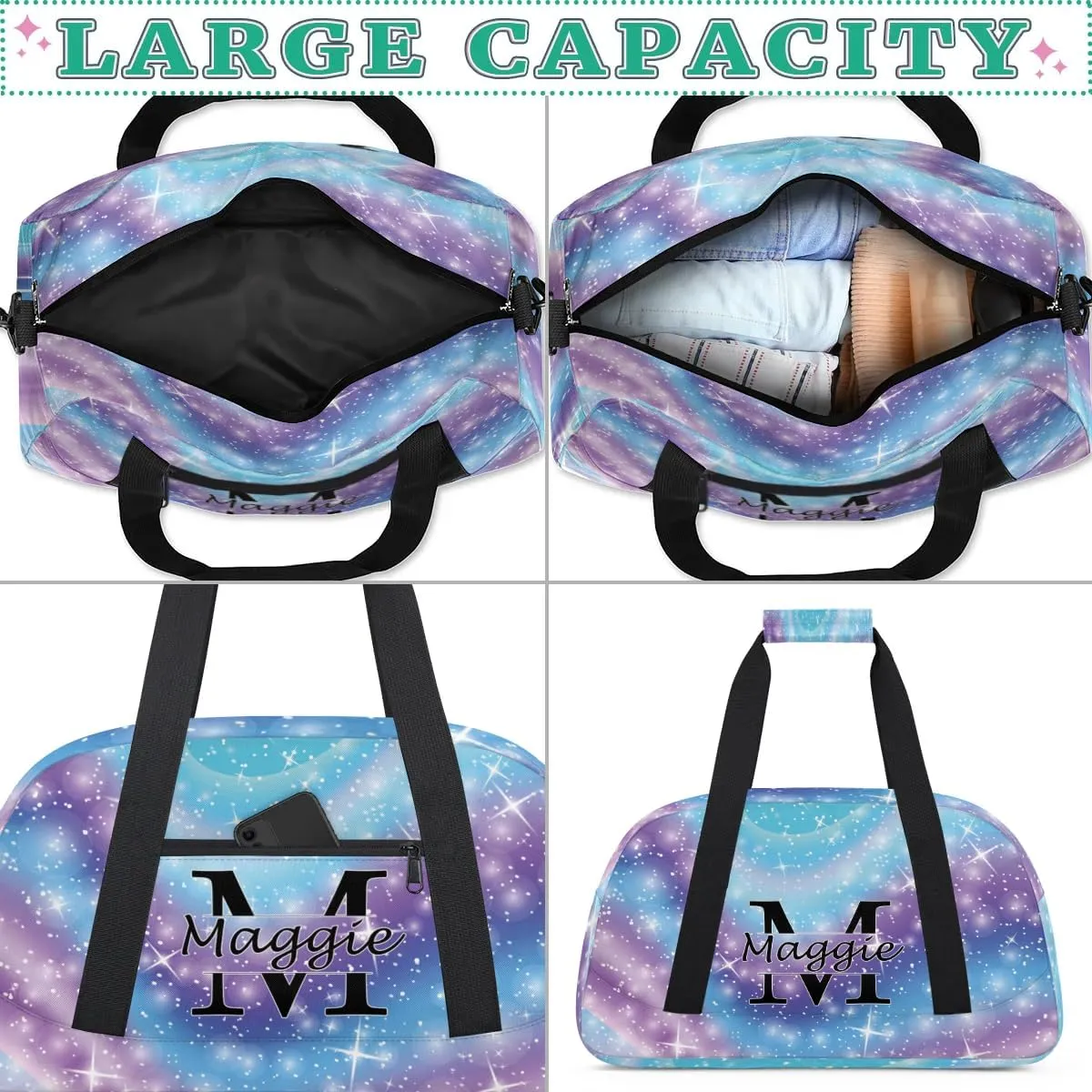 Personalized Initial Name Duffel Bags, Cusotmized Monogrammed Sports Gym Bag Custom Travel Overnight Weekender Bag for Women with Name, Custom Gifts, Rainbow Glitter