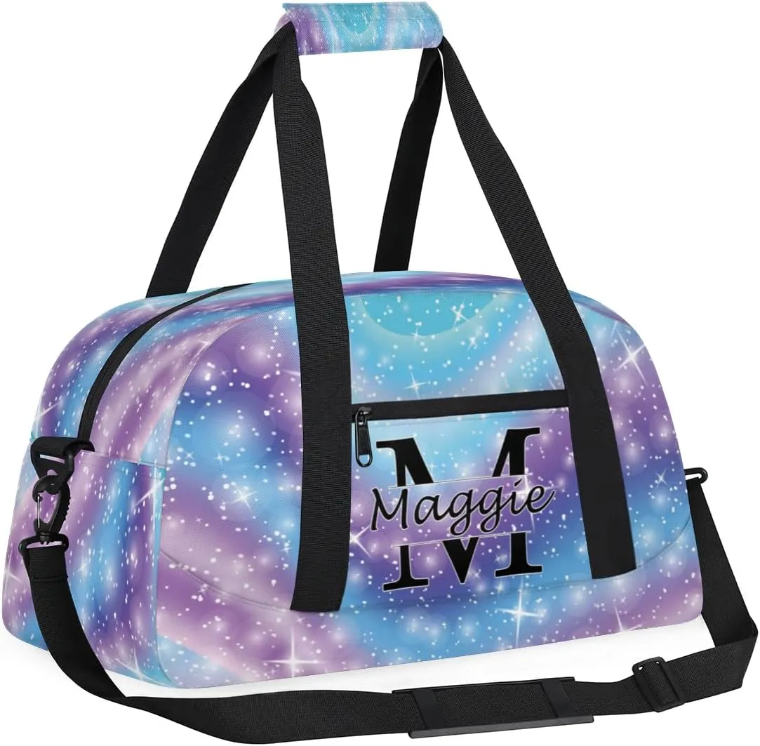 Personalized Initial Name Duffel Bags, Cusotmized Monogrammed Sports Gym Bag Custom Travel Overnight Weekender Bag for Women with Name, Custom Gifts, Rainbow Glitter
