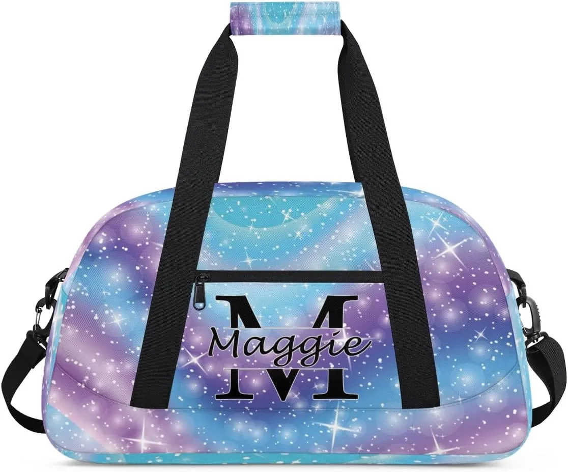 Personalized Initial Name Duffel Bags, Cusotmized Monogrammed Sports Gym Bag Custom Travel Overnight Weekender Bag for Women with Name, Custom Gifts, Rainbow Glitter