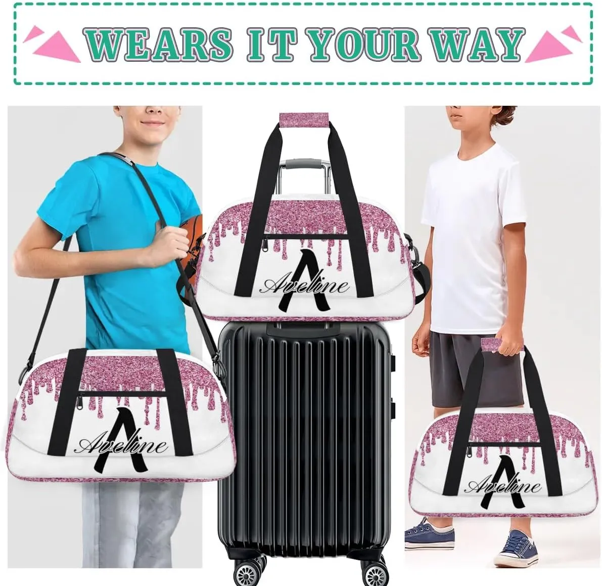 Personalized Initial Name Duffel Bags, Custom Travel Overnight Weekender Bag for Women Men with Name, Cusotmized Monogrammed Sports Gym Bag Custom Gifts, 流体亮片2
