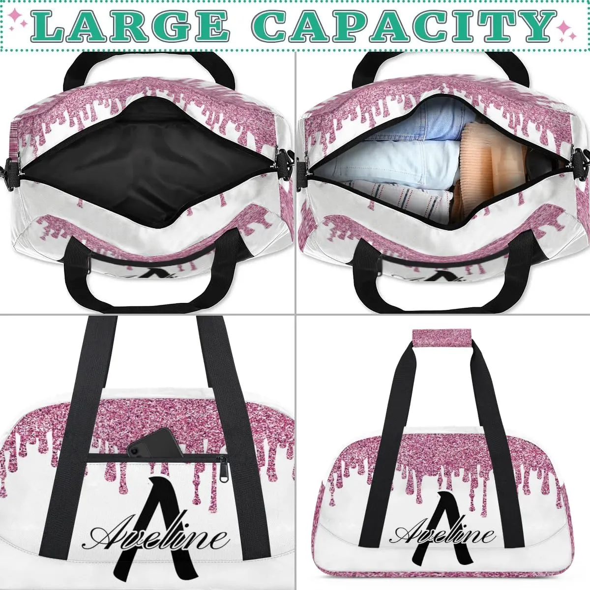 Personalized Initial Name Duffel Bags, Custom Travel Overnight Weekender Bag for Women Men with Name, Cusotmized Monogrammed Sports Gym Bag Custom Gifts, 流体亮片2
