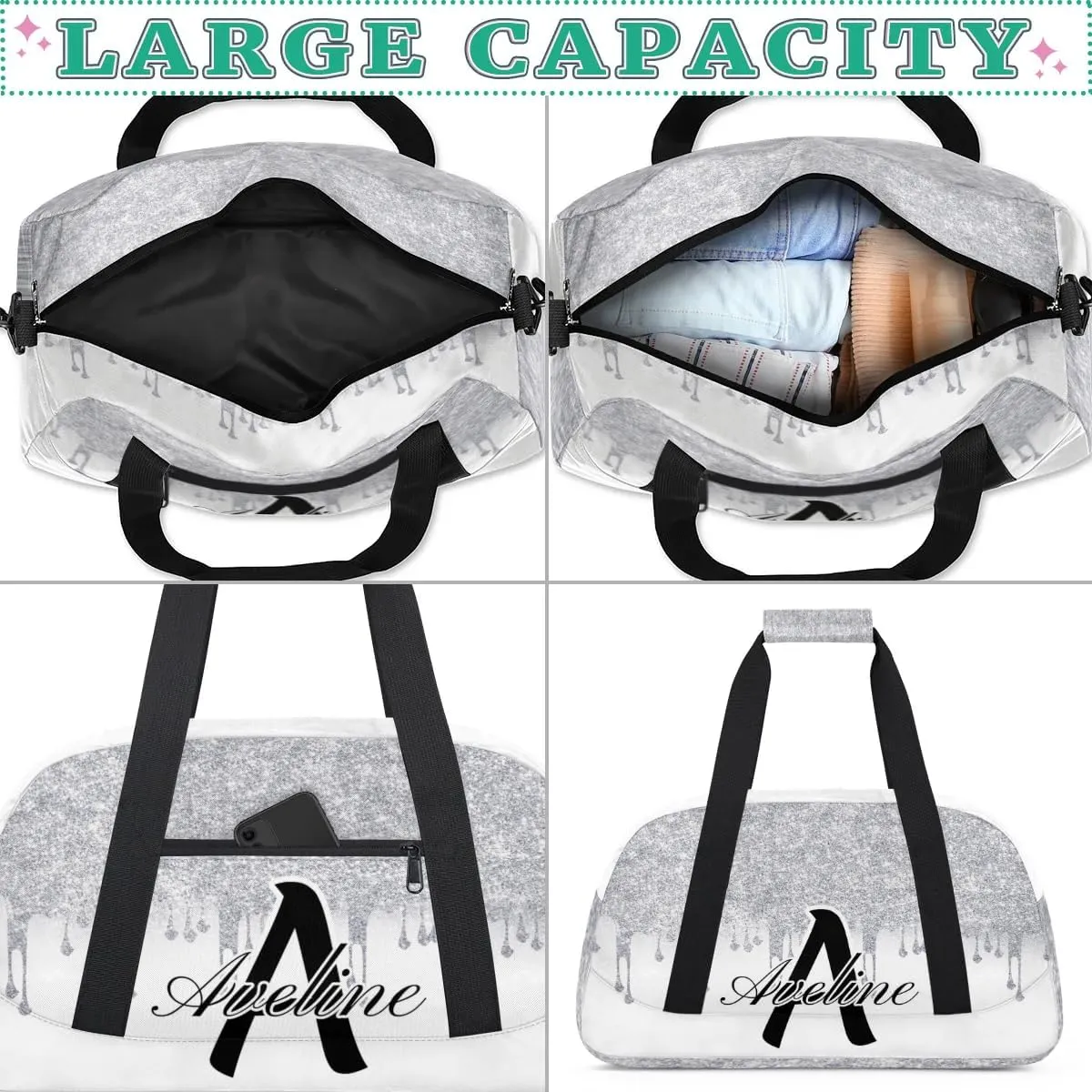 Personalized Initial Name Duffel Bags, Custom Travel Overnight Weekender Bag for Women Men with Name, Cusotmized Monogrammed Sports Gym Bag Custom Gifts, 流体亮片3