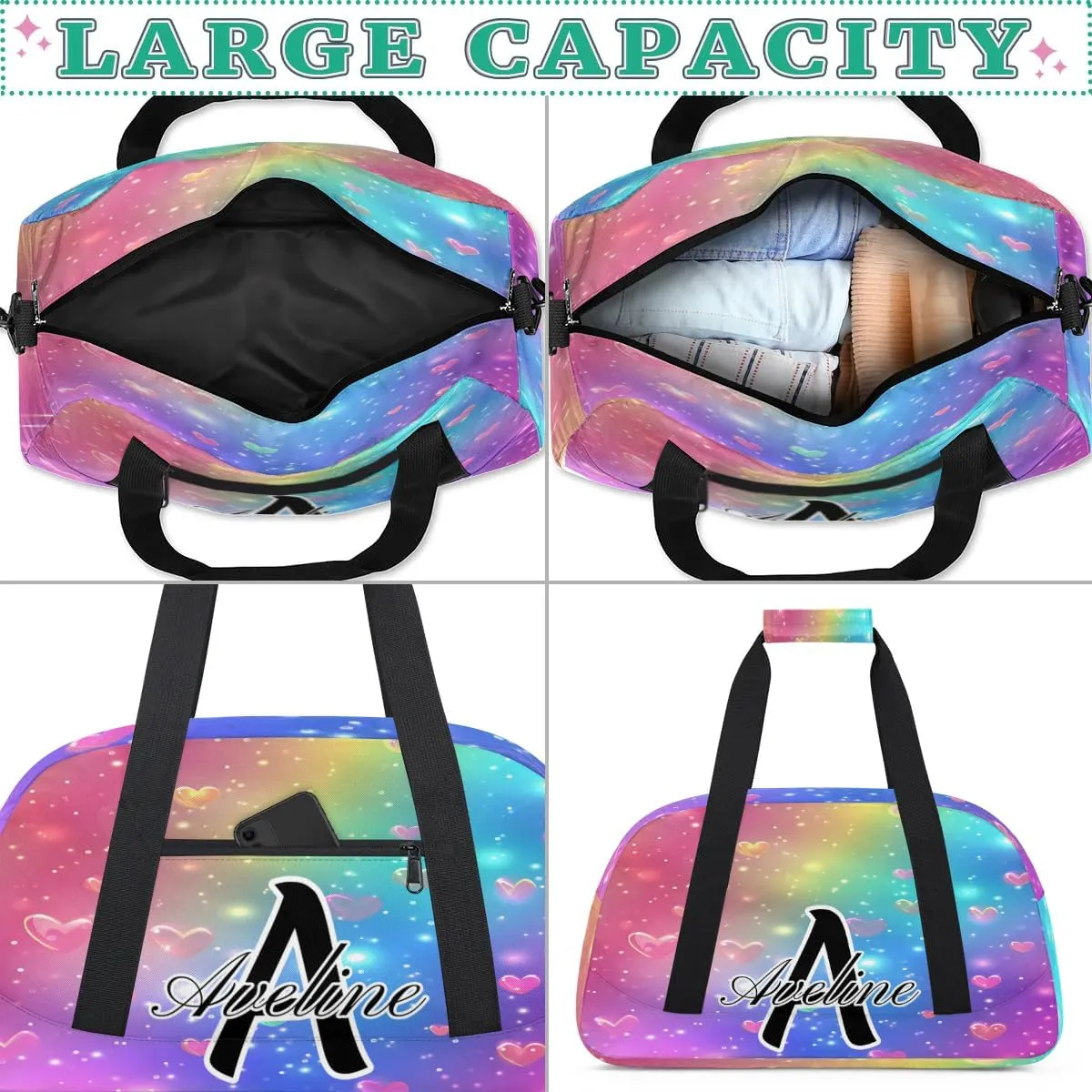 Personalized Initial Name Duffel Bags, Custom Travel Overnight Weekender Bag for Women Men with Name, Cusotmized Monogrammed Sports Gym Bag Custom Gifts, Love Glitter