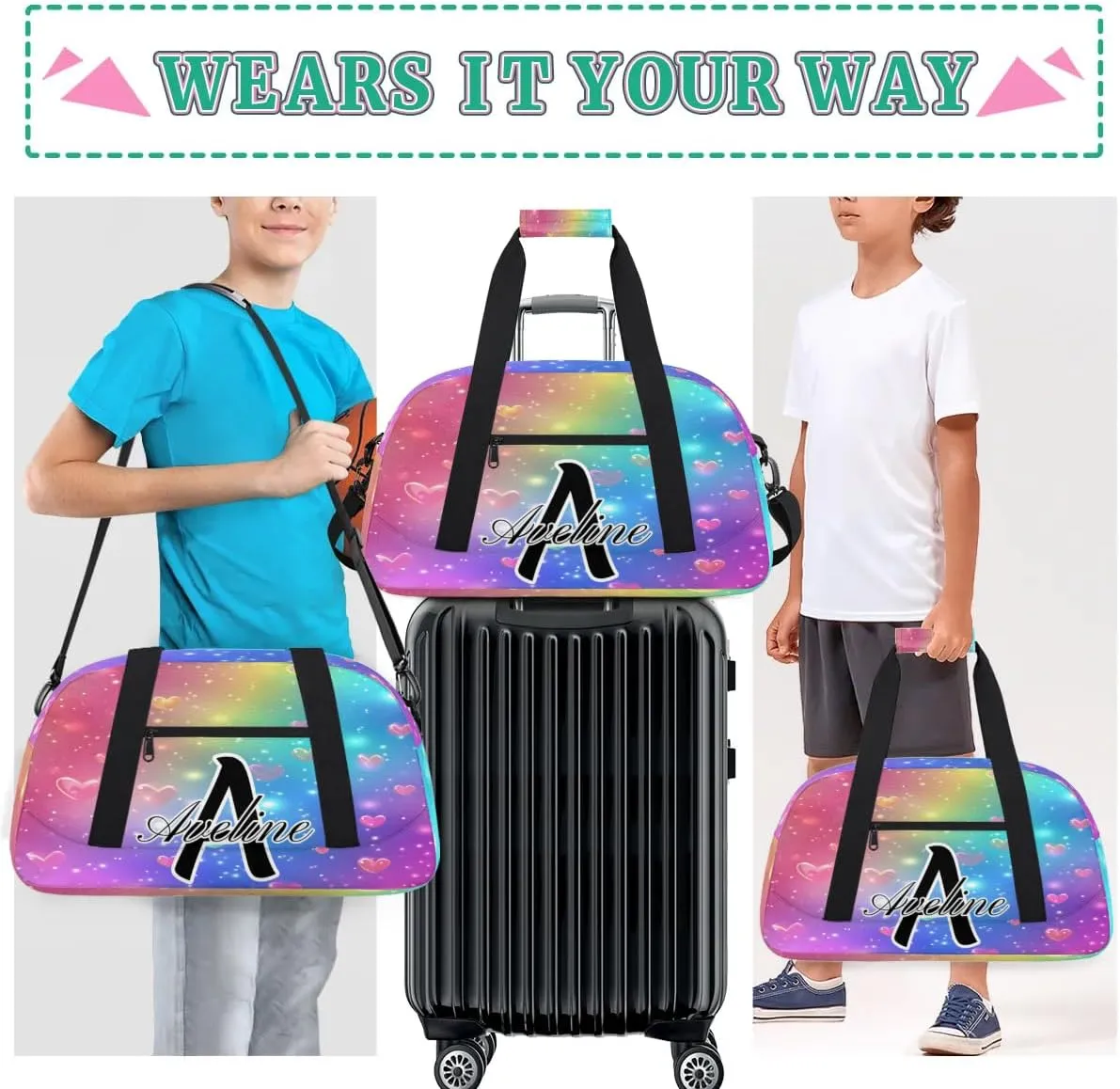Personalized Initial Name Duffel Bags, Custom Travel Overnight Weekender Bag for Women Men with Name, Cusotmized Monogrammed Sports Gym Bag Custom Gifts, Love Glitter