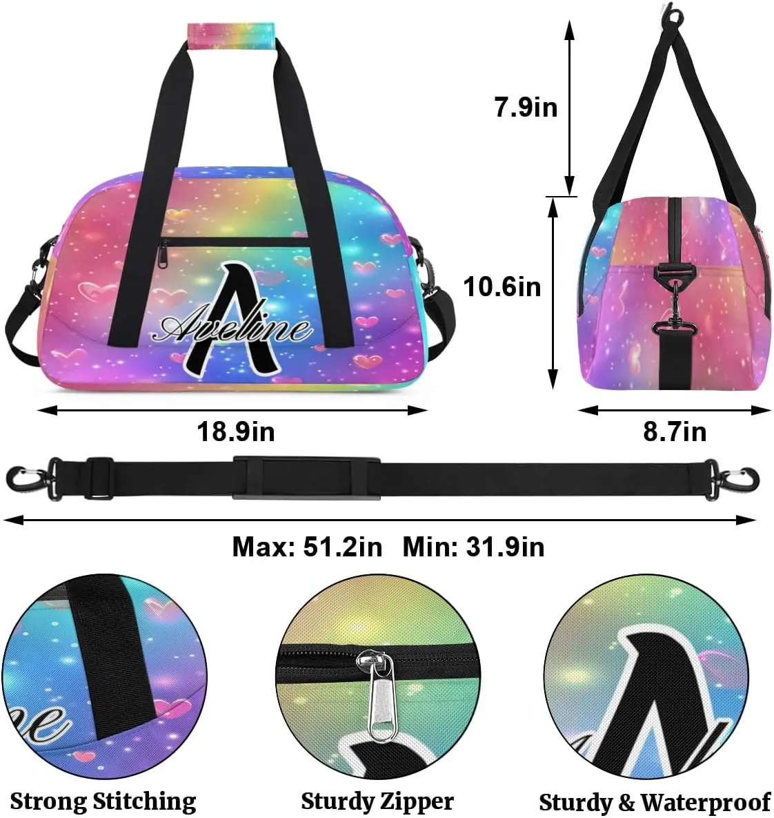 Personalized Initial Name Duffel Bags, Custom Travel Overnight Weekender Bag for Women Men with Name, Cusotmized Monogrammed Sports Gym Bag Custom Gifts, Love Glitter