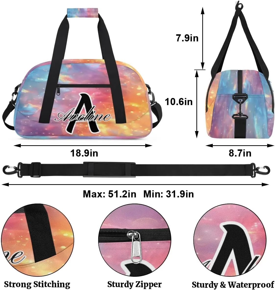 Personalized Initial Name Duffel Bags, Custom Travel Overnight Weekender Bag for Women Men with Name, Cusotmized Monogrammed Sports Gym Bag Custom Gifts, Multi-colored Glitter