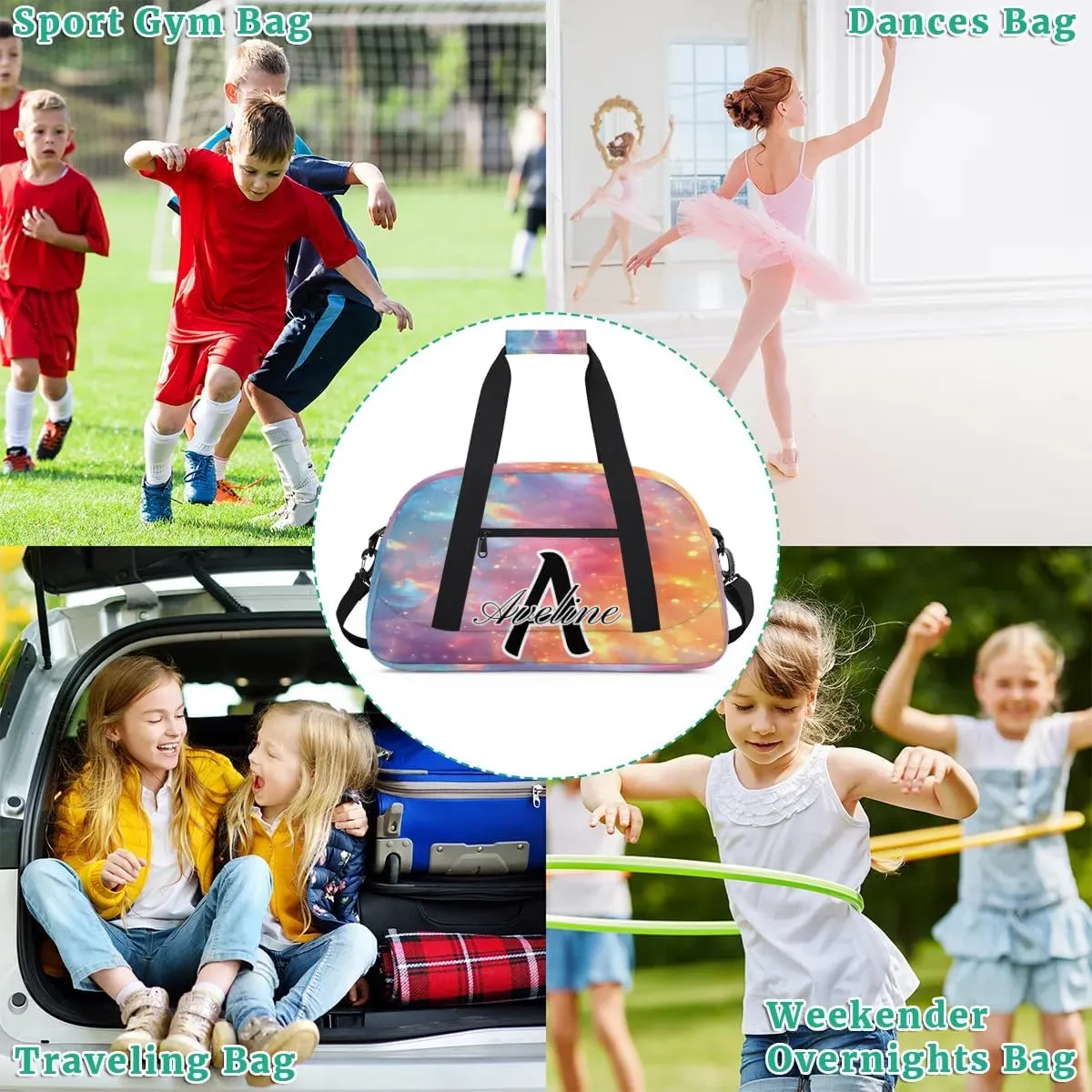 Personalized Initial Name Duffel Bags, Custom Travel Overnight Weekender Bag for Women Men with Name, Cusotmized Monogrammed Sports Gym Bag Custom Gifts, Multi-colored Glitter