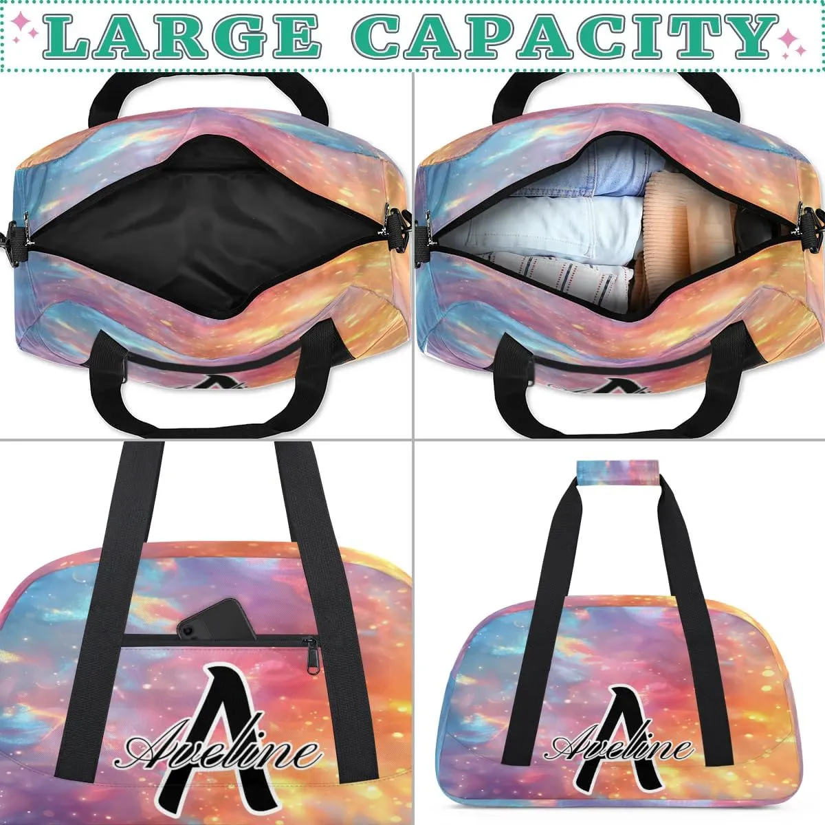 Personalized Initial Name Duffel Bags, Custom Travel Overnight Weekender Bag for Women Men with Name, Cusotmized Monogrammed Sports Gym Bag Custom Gifts, Multi-colored Glitter