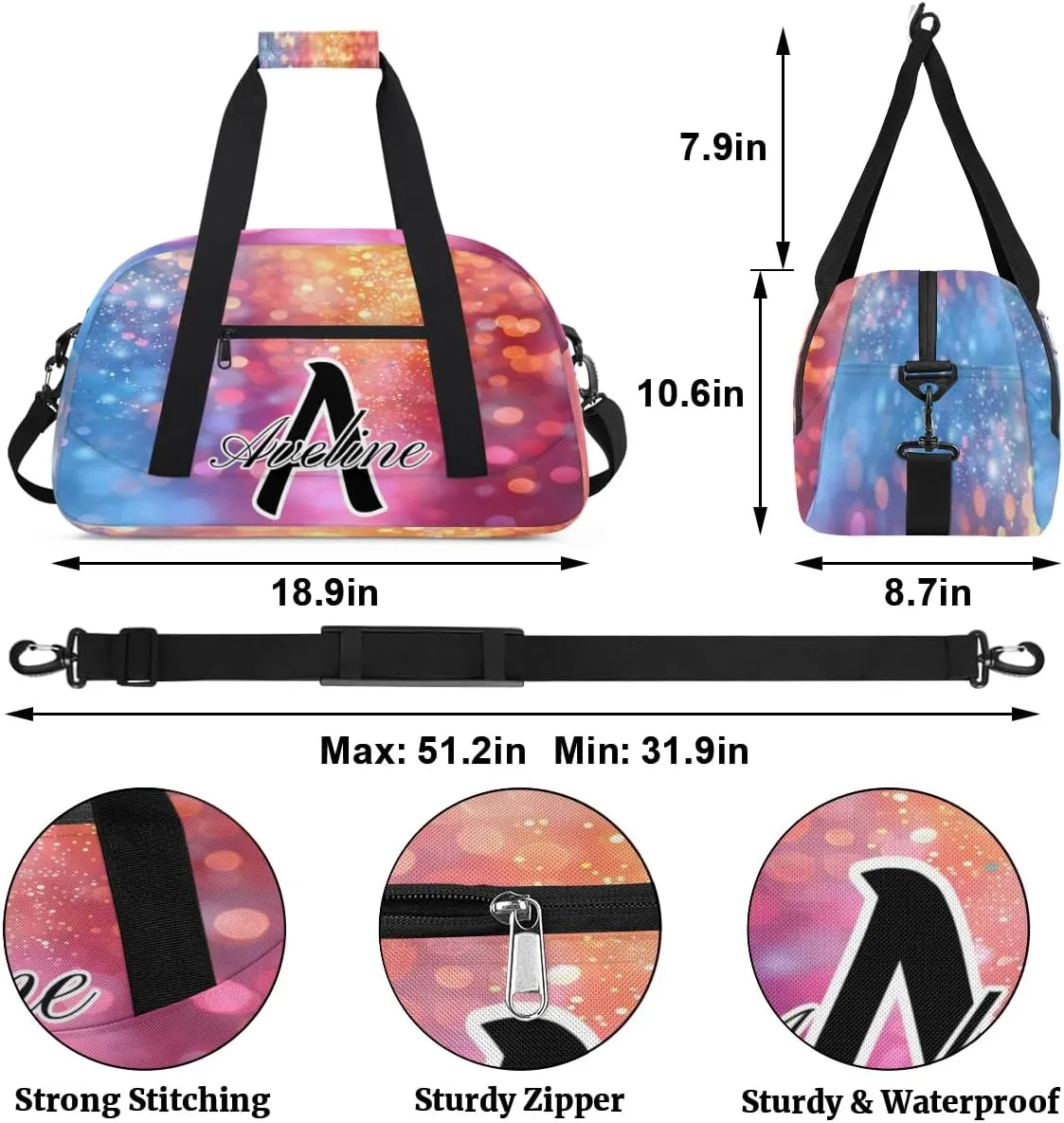 Personalized Initial Name Duffel Bags, Custom Travel Overnight Weekender Bag for Women Men with Name, Cusotmized Monogrammed Sports Gym Bag Custom Gifts, Multicolor Glitter