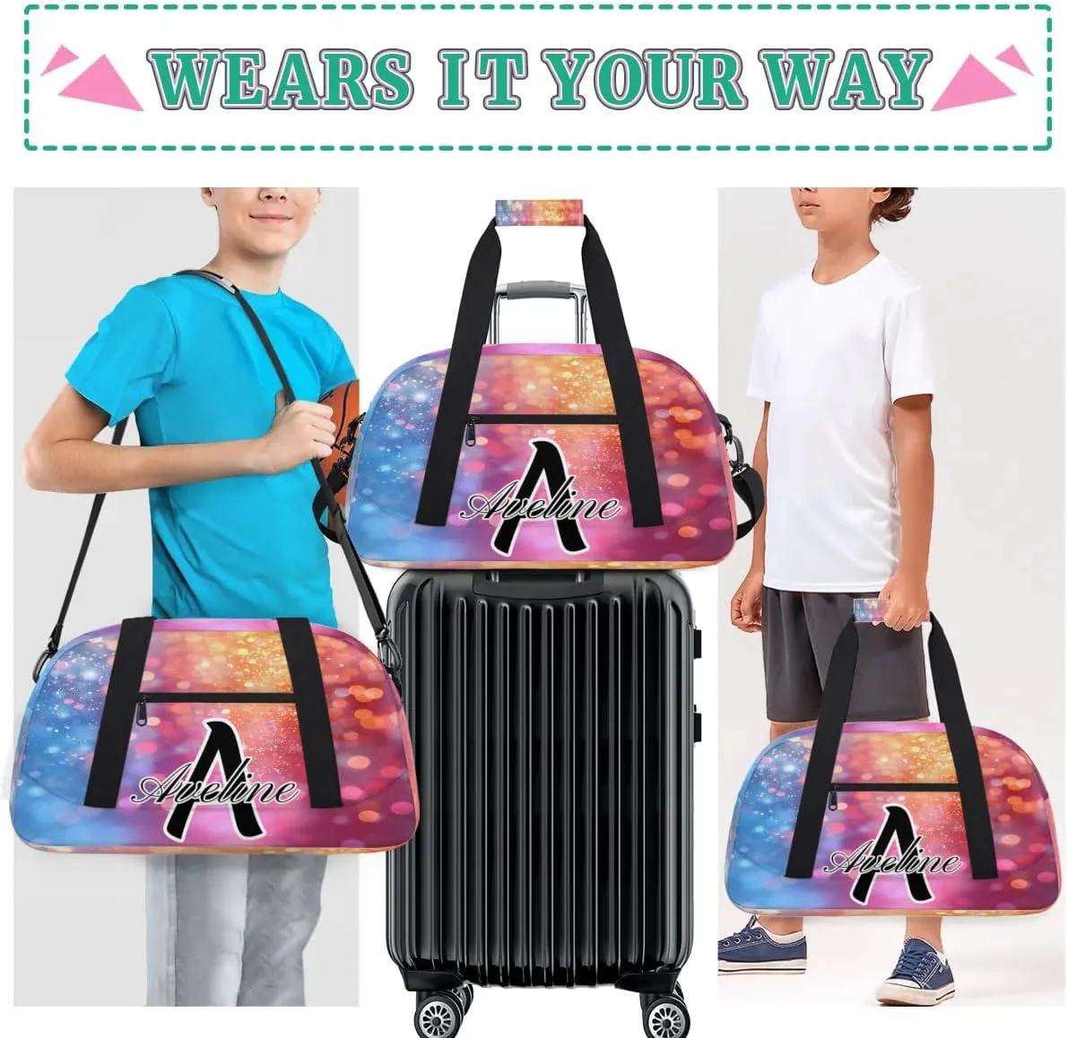Personalized Initial Name Duffel Bags, Custom Travel Overnight Weekender Bag for Women Men with Name, Cusotmized Monogrammed Sports Gym Bag Custom Gifts, Multicolor Glitter