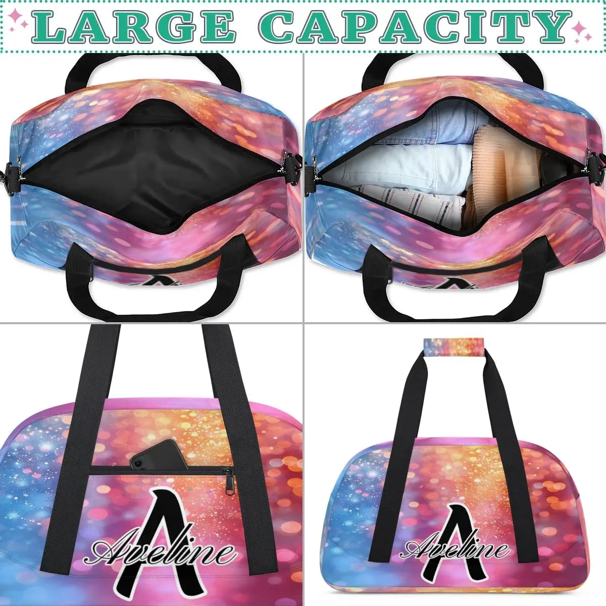 Personalized Initial Name Duffel Bags, Custom Travel Overnight Weekender Bag for Women Men with Name, Cusotmized Monogrammed Sports Gym Bag Custom Gifts, Multicolor Glitter