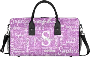 Personalized Initial Name Duffel Bags, Custom Travel Overnight Weekender Bag for Women Men with Your Name Text, Cusotmized Monogrammed Sports Gym Bag Custom Gifts, Purple Sparkle