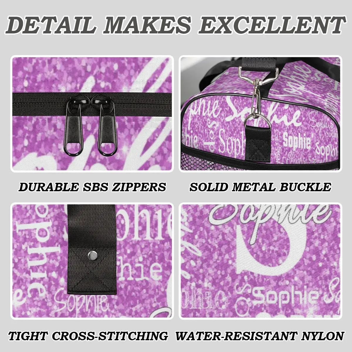 Personalized Initial Name Duffel Bags, Custom Travel Overnight Weekender Bag for Women Men with Your Name Text, Cusotmized Monogrammed Sports Gym Bag Custom Gifts, Purple Sparkle