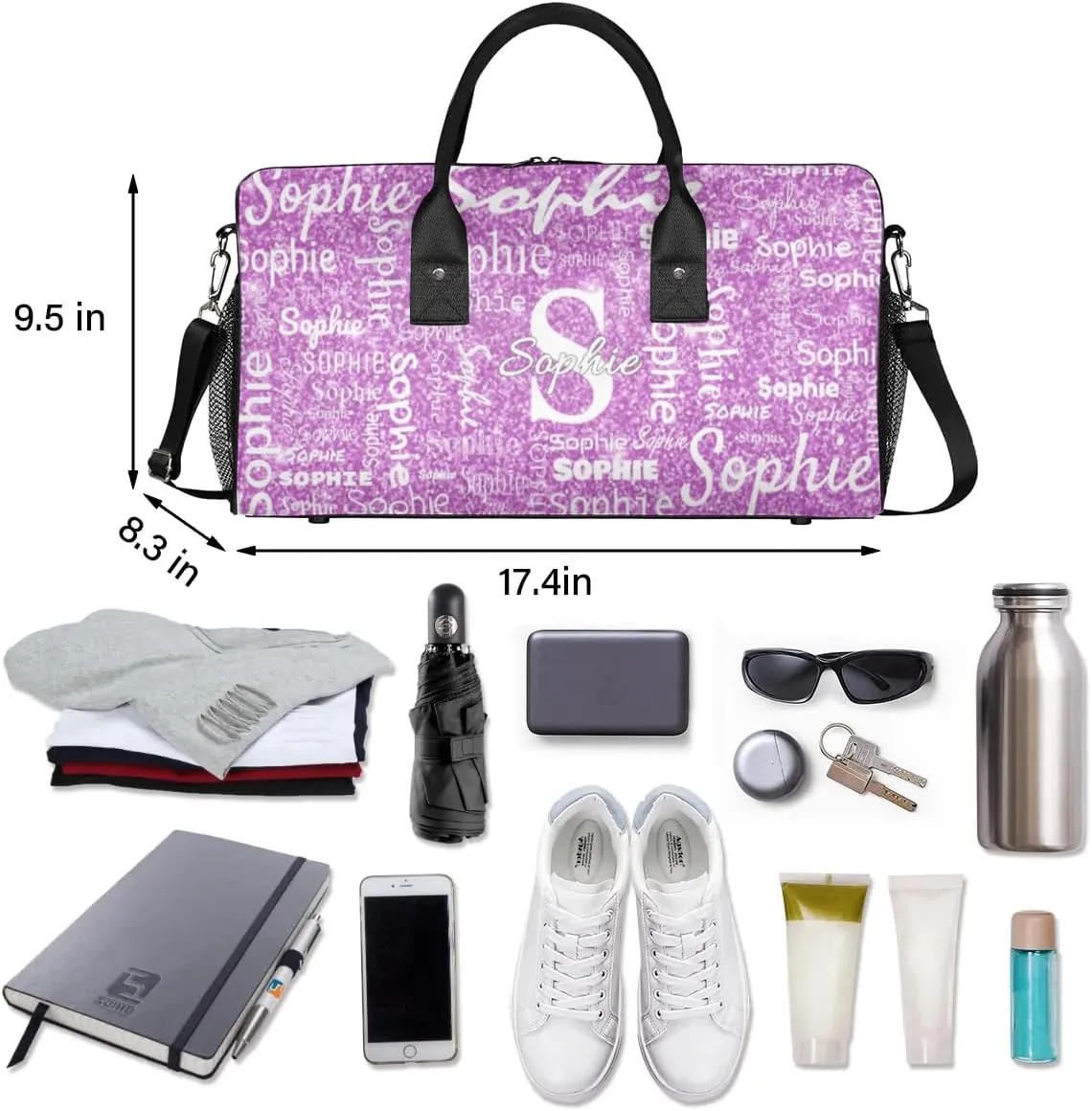 Personalized Initial Name Duffel Bags, Custom Travel Overnight Weekender Bag for Women Men with Your Name Text, Cusotmized Monogrammed Sports Gym Bag Custom Gifts, Purple Sparkle