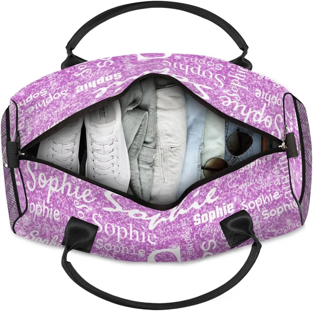 Personalized Initial Name Duffel Bags, Custom Travel Overnight Weekender Bag for Women Men with Your Name Text, Cusotmized Monogrammed Sports Gym Bag Custom Gifts, Purple Sparkle