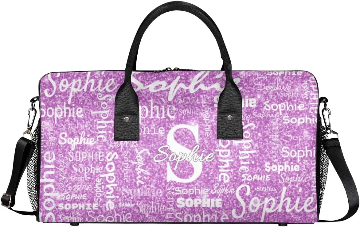 Personalized Initial Name Duffel Bags, Custom Travel Overnight Weekender Bag for Women Men with Your Name Text, Cusotmized Monogrammed Sports Gym Bag Custom Gifts, Purple Sparkle