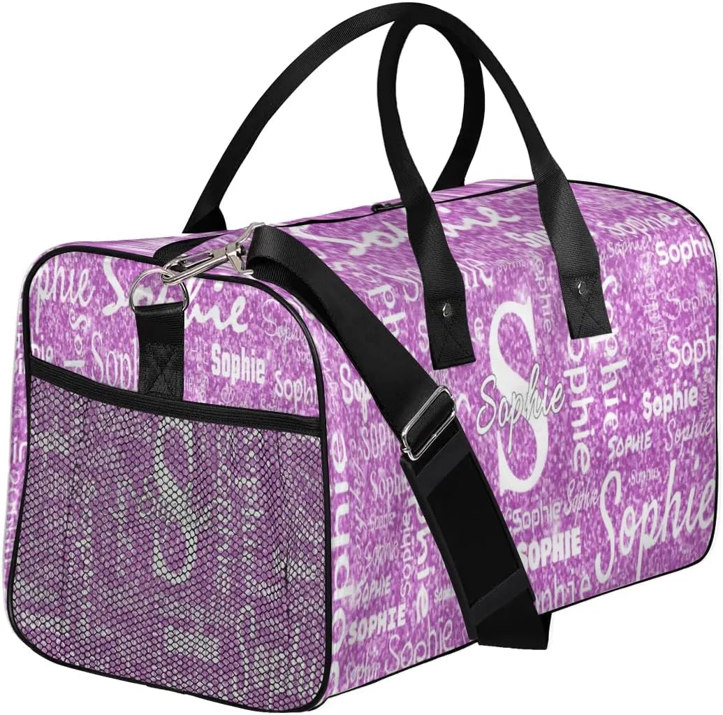 Personalized Initial Name Duffel Bags, Custom Travel Overnight Weekender Bag for Women Men with Your Name Text, Cusotmized Monogrammed Sports Gym Bag Custom Gifts, Purple Sparkle