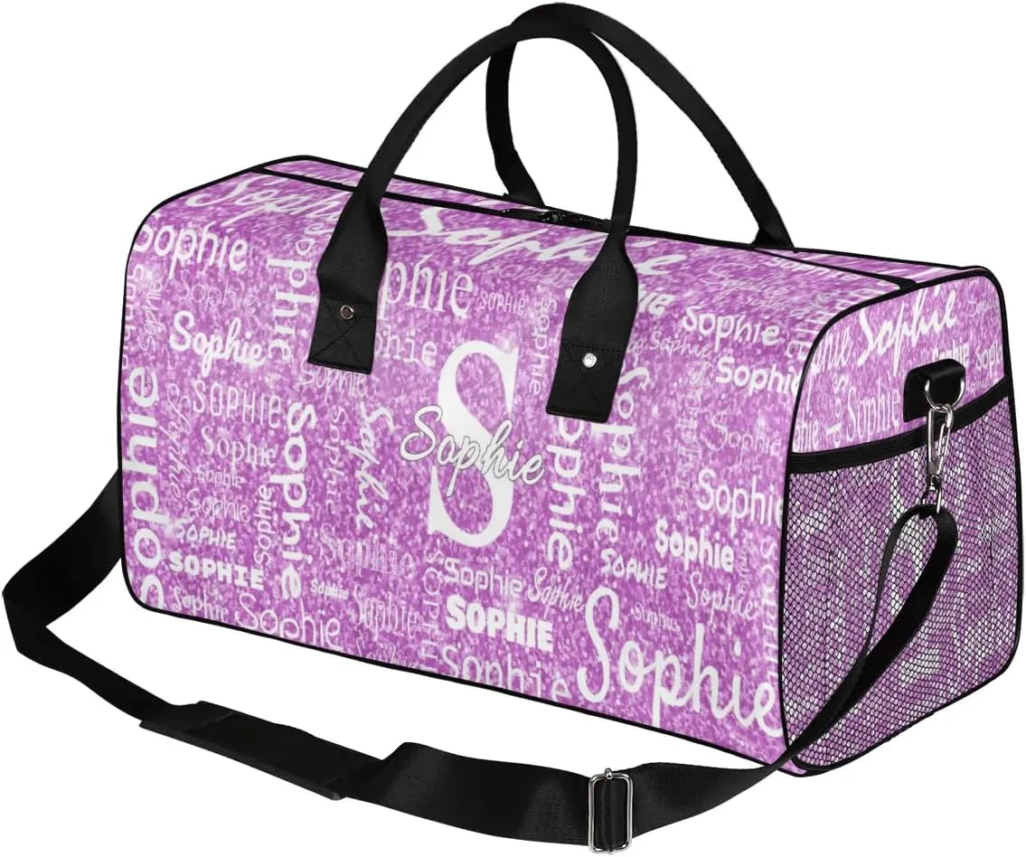 Personalized Initial Name Duffel Bags, Custom Travel Overnight Weekender Bag for Women Men with Your Name Text, Cusotmized Monogrammed Sports Gym Bag Custom Gifts, Purple Sparkle