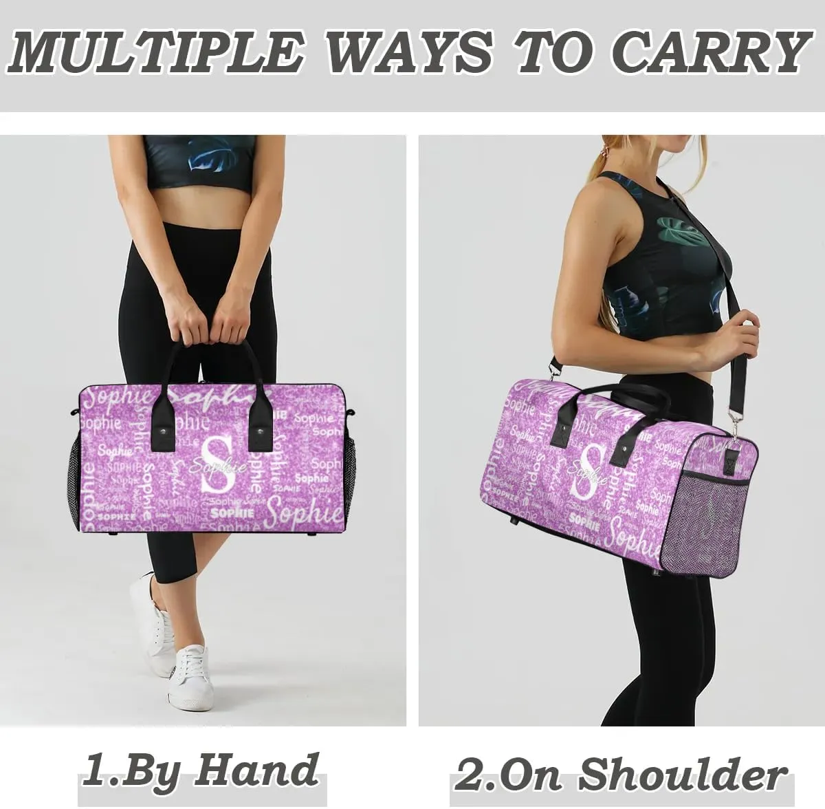 Personalized Initial Name Duffel Bags, Custom Travel Overnight Weekender Bag for Women Men with Your Name Text, Cusotmized Monogrammed Sports Gym Bag Custom Gifts, Purple Sparkle