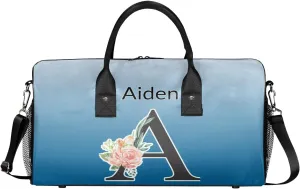Personalized Initial Sports Duffel Bags, Custom Travel Overnight Weekender Bag for Women Men, Blue Gradient Custom Gym Bags Dance Cheer Bag Monogrammed Personalized Gifts