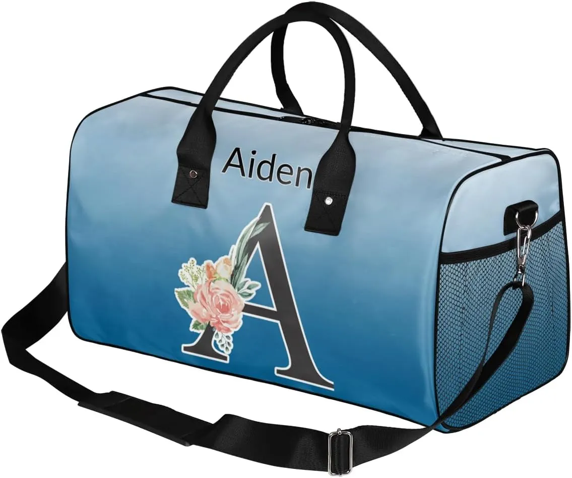 Personalized Initial Sports Duffel Bags, Custom Travel Overnight Weekender Bag for Women Men, Blue Gradient Custom Gym Bags Dance Cheer Bag Monogrammed Personalized Gifts