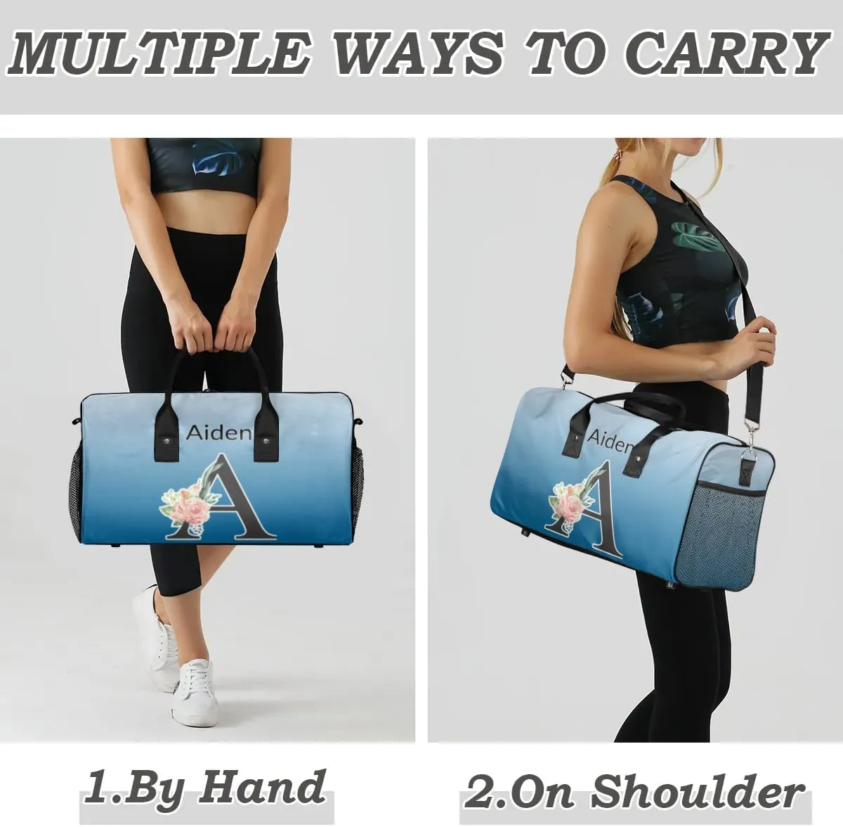 Personalized Initial Sports Duffel Bags, Custom Travel Overnight Weekender Bag for Women Men, Blue Gradient Custom Gym Bags Dance Cheer Bag Monogrammed Personalized Gifts