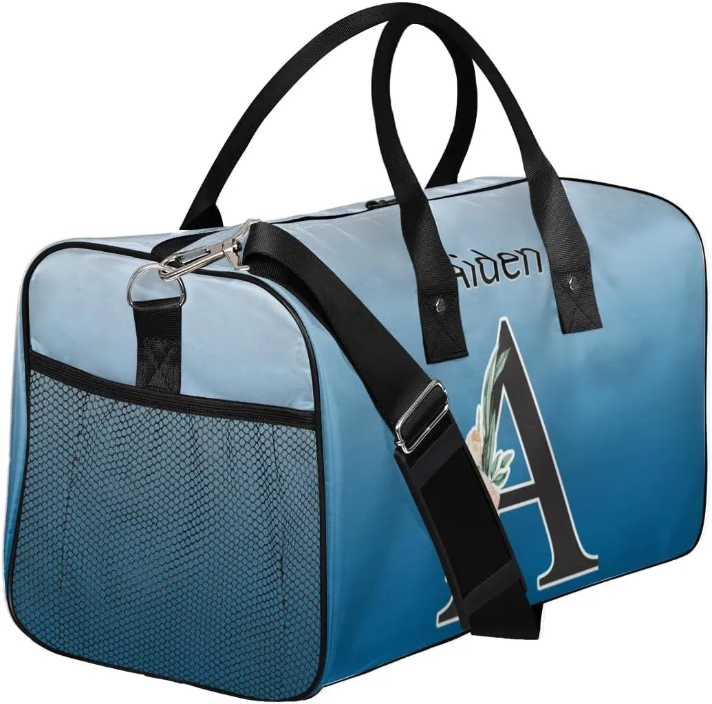 Personalized Initial Sports Duffel Bags, Custom Travel Overnight Weekender Bag for Women Men, Blue Gradient Custom Gym Bags Dance Cheer Bag Monogrammed Personalized Gifts