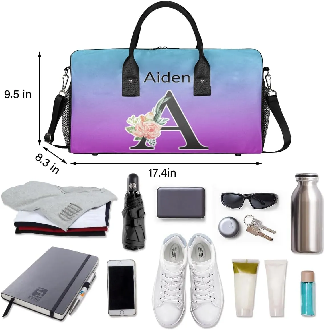 Personalized Initial Sports Duffel Bags, Custom Travel Overnight Weekender Bag for Women Men, Blue Purple Gradient Custom Gym Bags Dance Cheer Bag Monogrammed Personalized Gifts
