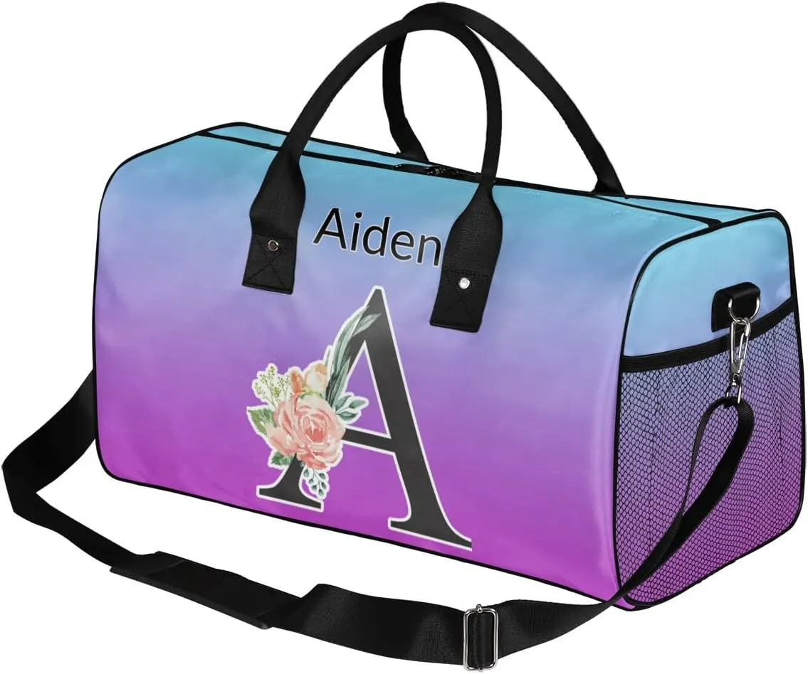 Personalized Initial Sports Duffel Bags, Custom Travel Overnight Weekender Bag for Women Men, Blue Purple Gradient Custom Gym Bags Dance Cheer Bag Monogrammed Personalized Gifts