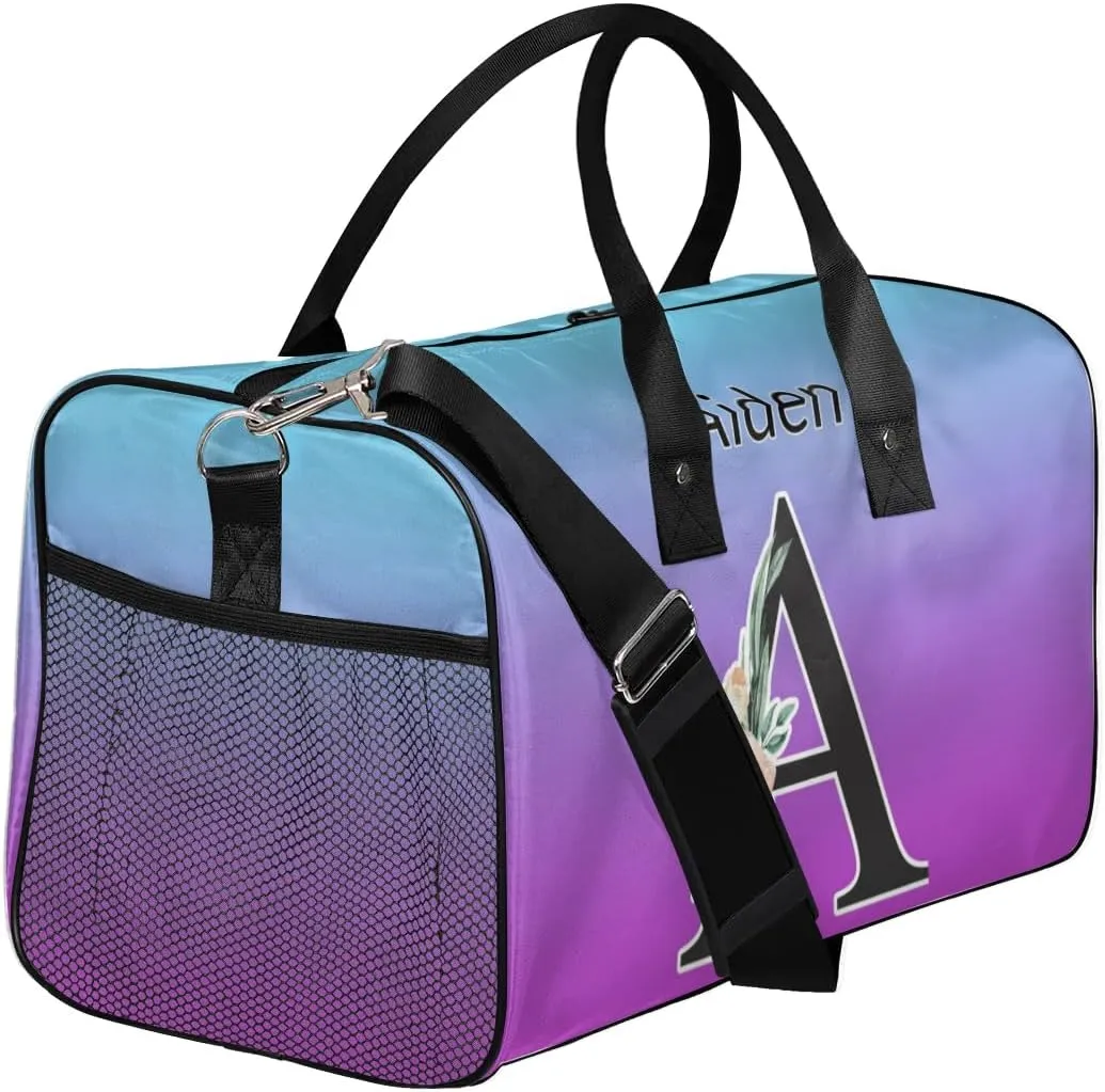 Personalized Initial Sports Duffel Bags, Custom Travel Overnight Weekender Bag for Women Men, Blue Purple Gradient Custom Gym Bags Dance Cheer Bag Monogrammed Personalized Gifts