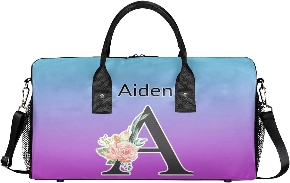 Personalized Initial Sports Duffel Bags, Custom Travel Overnight Weekender Bag for Women Men, Blue Purple Gradient Custom Gym Bags Dance Cheer Bag Monogrammed Personalized Gifts