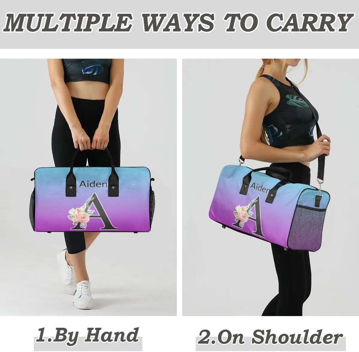 Personalized Initial Sports Duffel Bags, Custom Travel Overnight Weekender Bag for Women Men, Blue Purple Gradient Custom Gym Bags Dance Cheer Bag Monogrammed Personalized Gifts