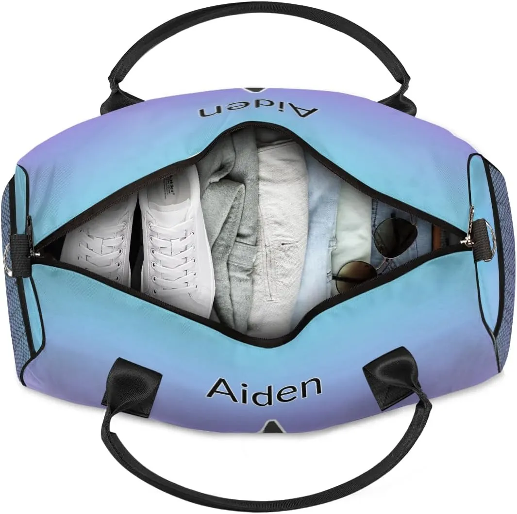 Personalized Initial Sports Duffel Bags, Custom Travel Overnight Weekender Bag for Women Men, Blue Purple Gradient Custom Gym Bags Dance Cheer Bag Monogrammed Personalized Gifts