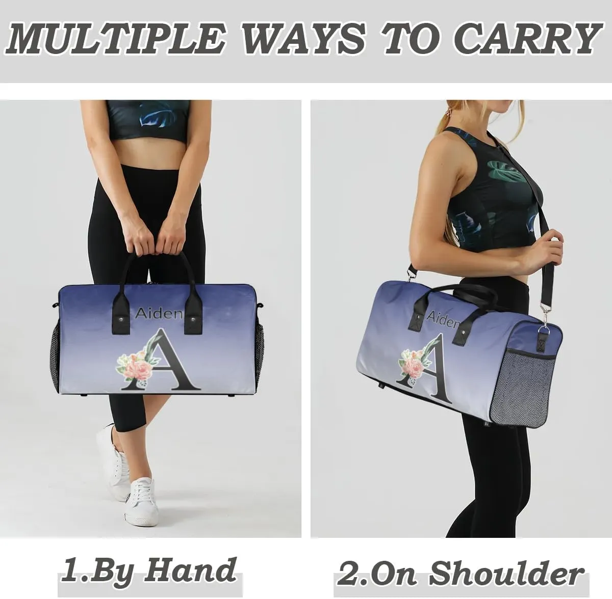 Personalized Initial Sports Duffel Bags, Custom Travel Overnight Weekender Bag for Women Men, Cobalt Blue Gradient Custom Gym Bags Dance Cheer Bag Monogrammed Personalized Gifts