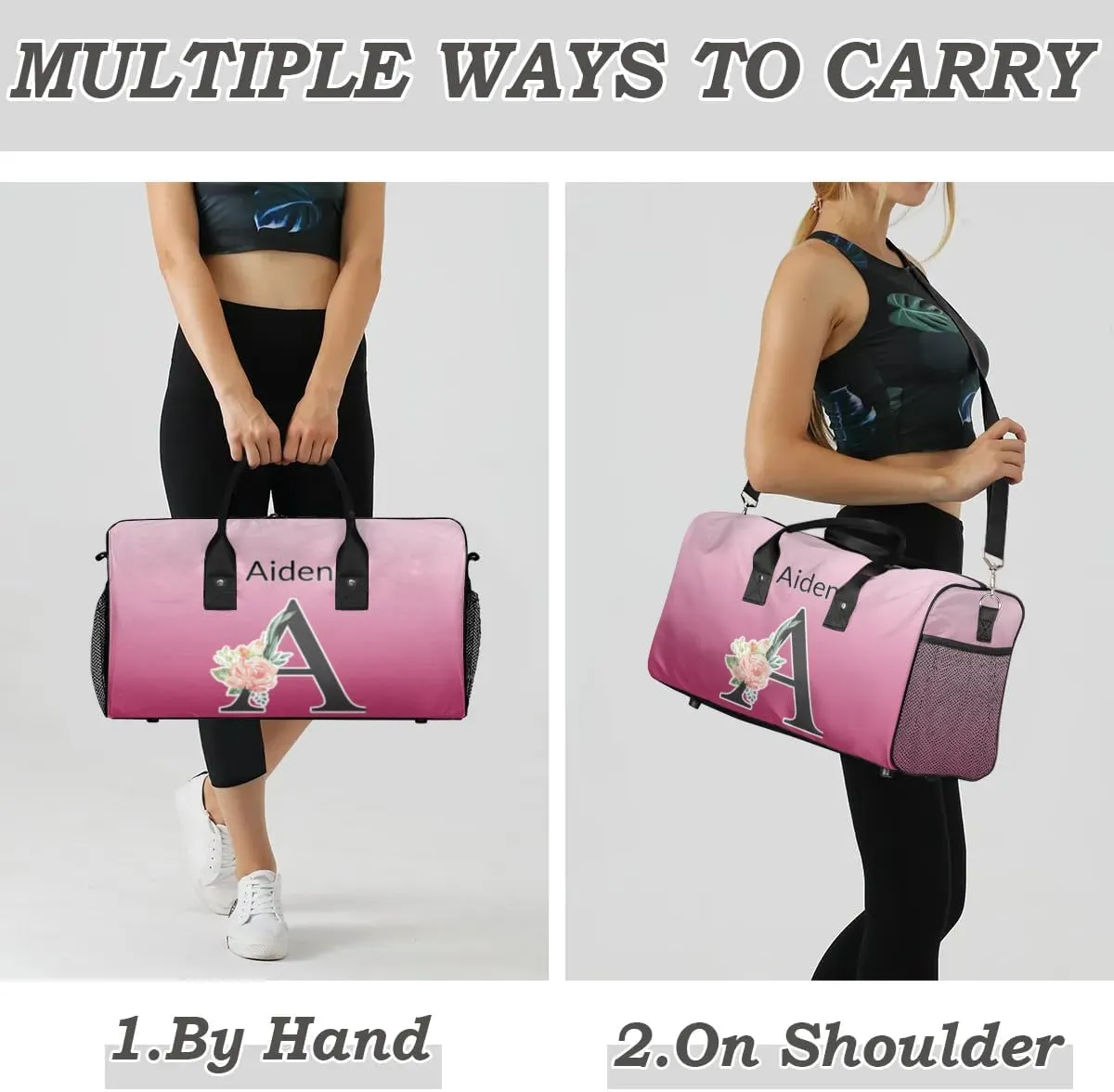 Personalized Initial Sports Duffel Bags, Custom Travel Overnight Weekender Bag for Women Men, Dark Pink Gradient Custom Gym Bags Dance Cheer Bag Monogrammed Personalized Gifts