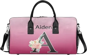 Personalized Initial Sports Duffel Bags, Custom Travel Overnight Weekender Bag for Women Men, Dark Pink Gradient Custom Gym Bags Dance Cheer Bag Monogrammed Personalized Gifts