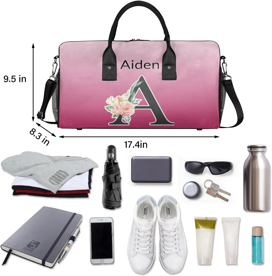 Personalized Initial Sports Duffel Bags, Custom Travel Overnight Weekender Bag for Women Men, Dark Pink Gradient Custom Gym Bags Dance Cheer Bag Monogrammed Personalized Gifts