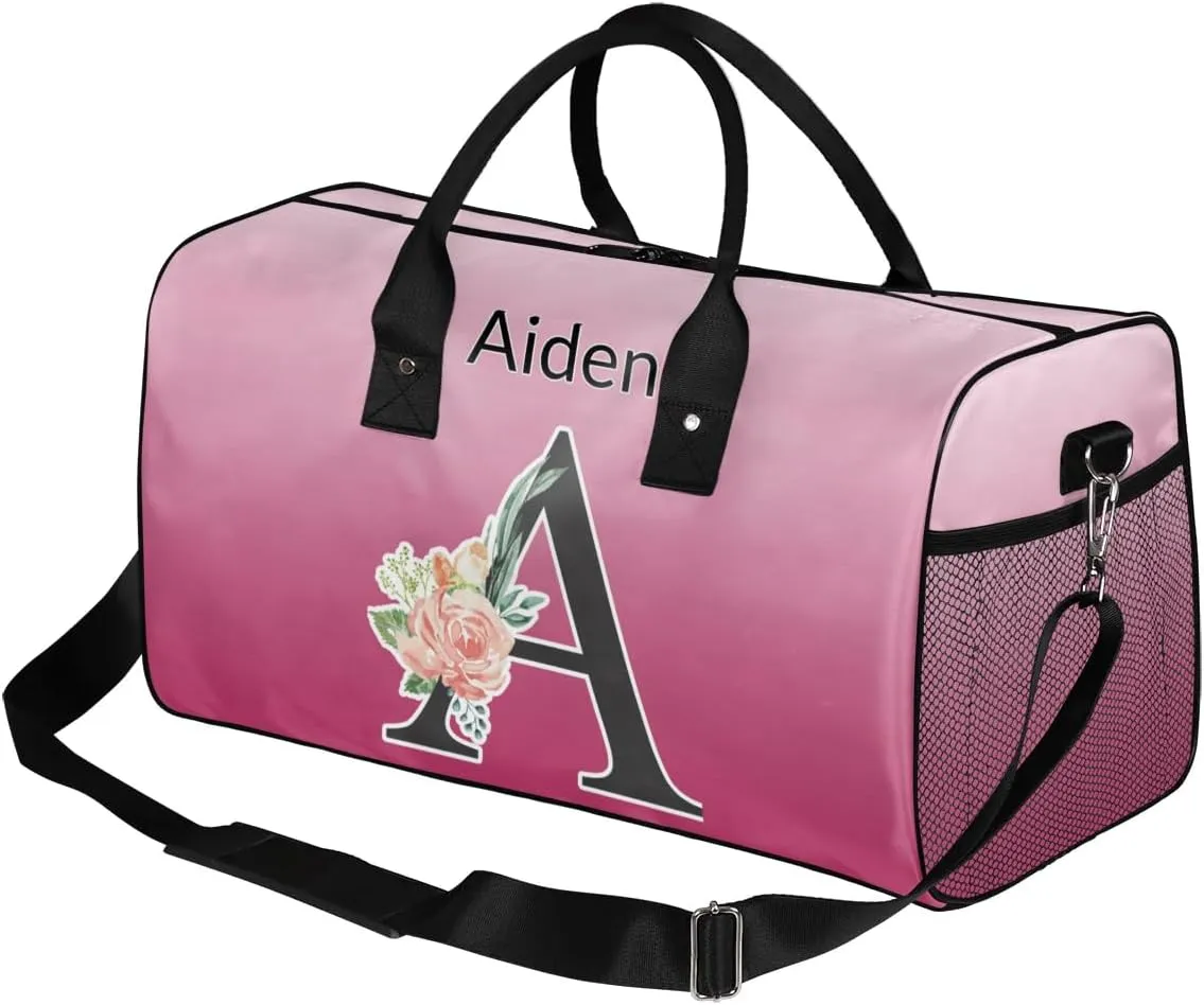 Personalized Initial Sports Duffel Bags, Custom Travel Overnight Weekender Bag for Women Men, Dark Pink Gradient Custom Gym Bags Dance Cheer Bag Monogrammed Personalized Gifts