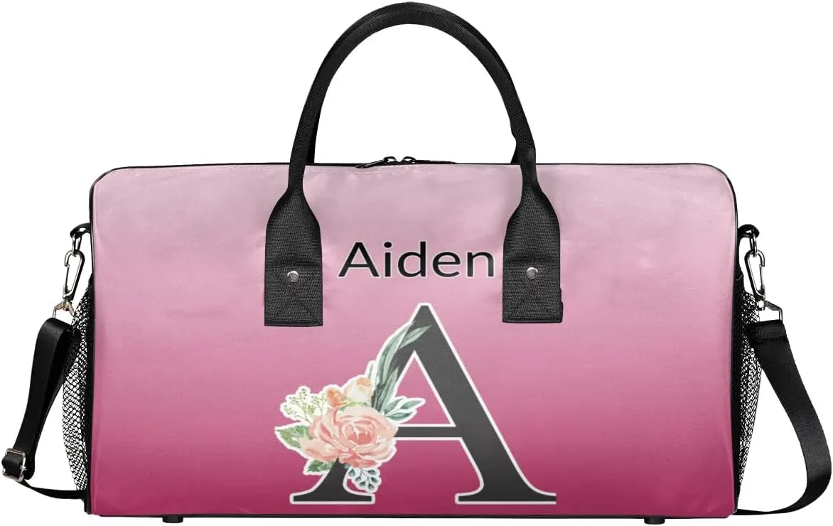 Personalized Initial Sports Duffel Bags, Custom Travel Overnight Weekender Bag for Women Men, Dark Pink Gradient Custom Gym Bags Dance Cheer Bag Monogrammed Personalized Gifts